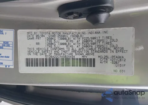 2004 Toyota Sienna Xle Limited z USA, uszkodzony, nr VIN 5TDBA22CX4S024494